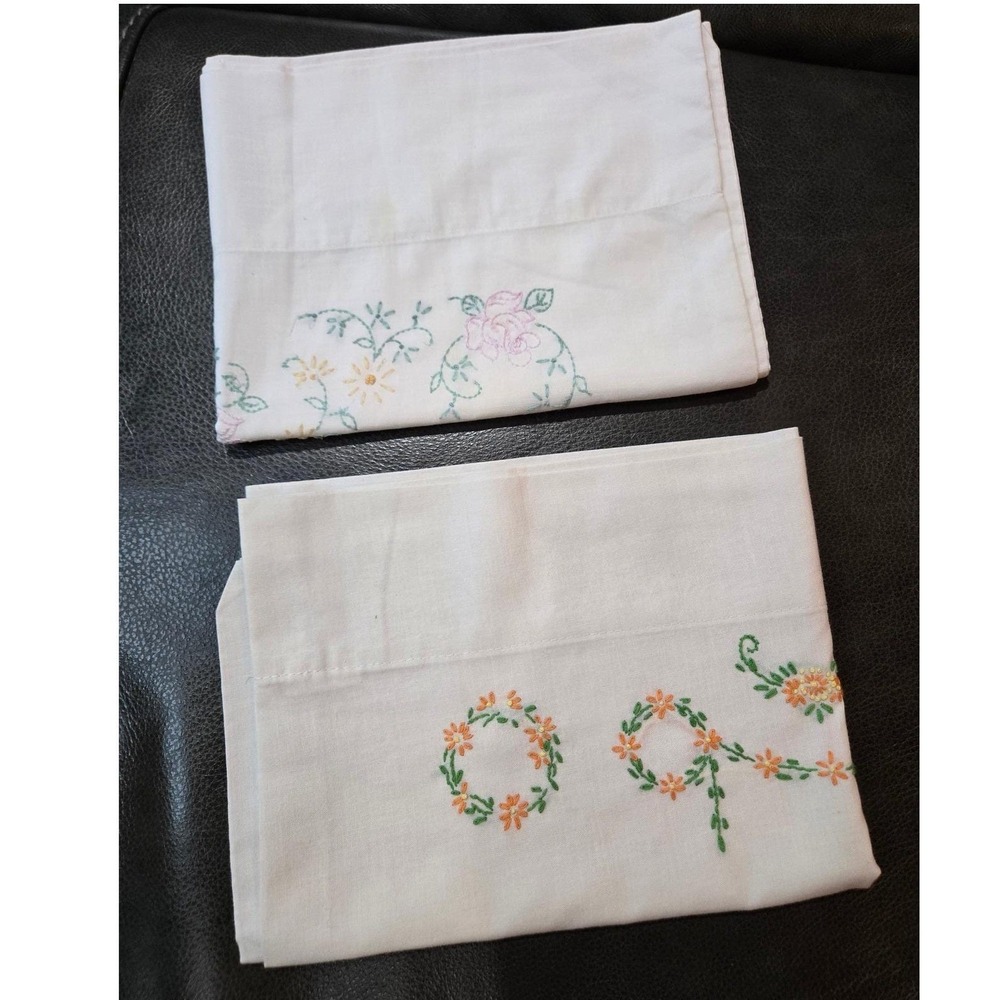 Vintage Pillowcases Mix & Match Pair of 2 - Pastel Flowers Embroidery Standard